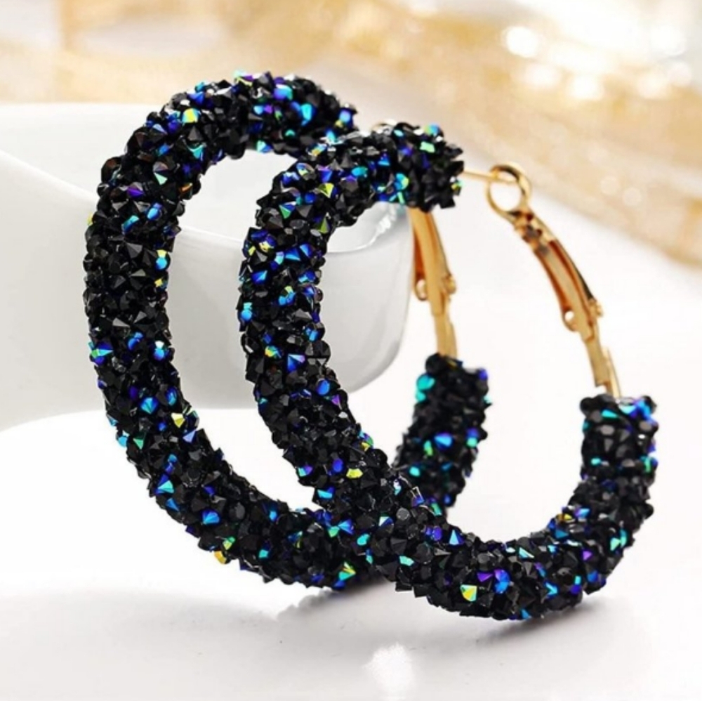 NEW! Pretty Black and Blue Crystal Hoop Earrings -MAKE OFFER!